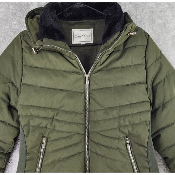 Snobbish Puffer Jacket Womens Large Olive Green Black Faux Fur Hooded Full Zip - Picture 7 of 16